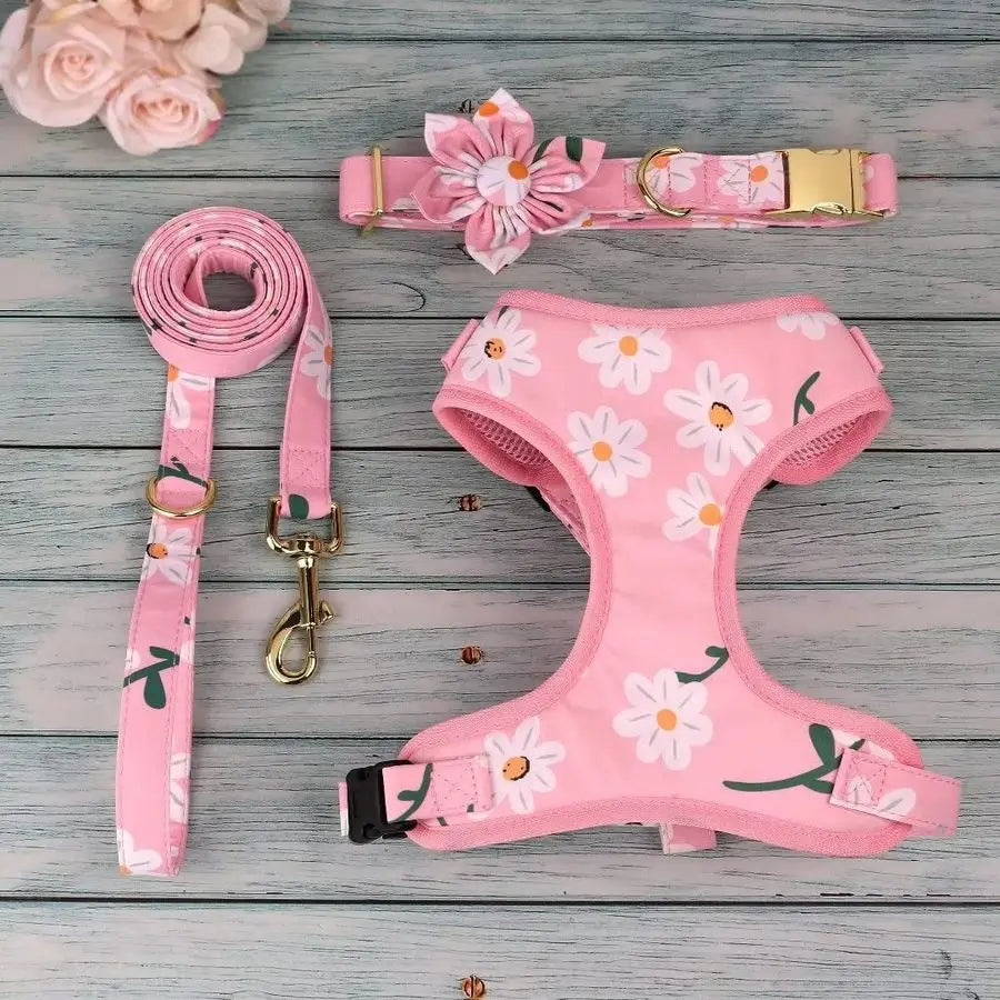 Cute Girl Dog Collars | Adjustable Dog Collar and Leash Set with Flower Soft Mesh Vest Harness