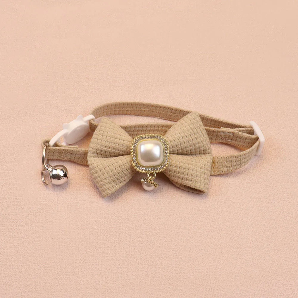 New Waffle Pet, Collar Cute Bow, Bell Cat Collar Retro Pearl Pendant for Cats and Dogs