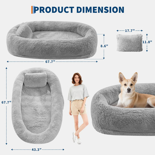 Oversized Human Dog Bed Orthopedic Faux Fur With Pillow Side Pocket Waterproof Lining & Anti-slip Bottom