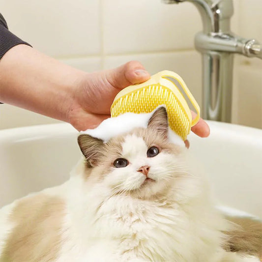 Pet Bathing Brush with Built-in Soap Dispenser, Soft Silicone Bristles for Dog & Cat Grooming
