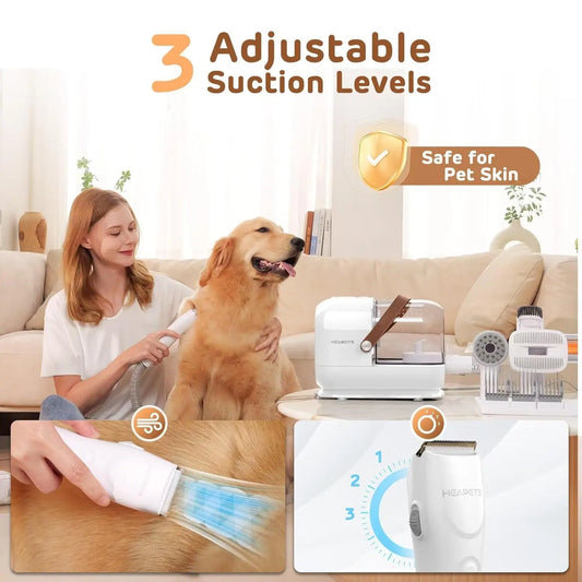 Pet Grooming Vacuum Kit with 7 Tools, Low Noise Electric Clipper and Brush for Home Shedding