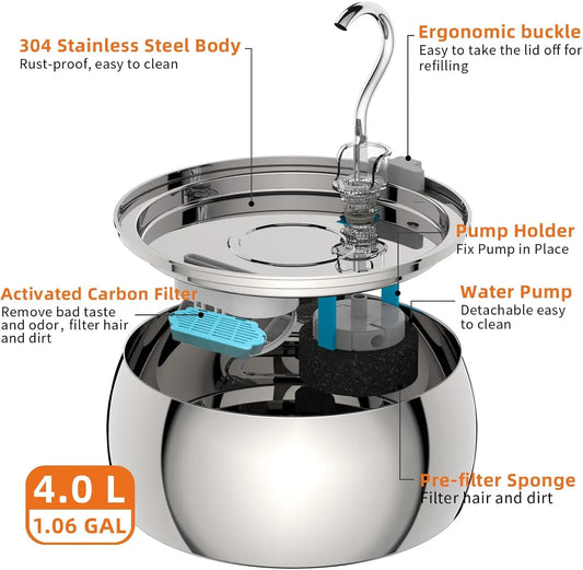 Stainless Steel Cat Water Fountain 4.0L Ultra-Quiet Pump Multi-Filter Dishwasher Safe for Multiple Pets