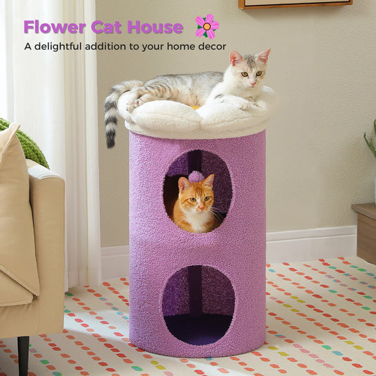 2-Storey Cat Beds for Indoor Cats Large Cat House with Removable Flower Cat Bed, Cute Cat Cave Cat Hideaway Indoor Cat Condo