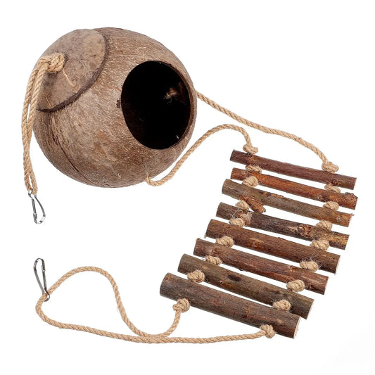 Coconut Shell Reptile Hideout with Ladder, Terrarium Tank Decor for Lizards & Geckos