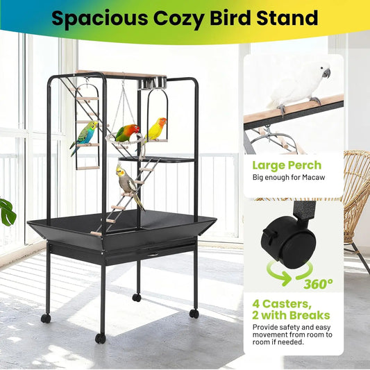 64" Bird Playstand with Wheels, Indoor Outdoor Parrot Activity Center With Perches, Ladders, Storage Shelf & Toy Hooks