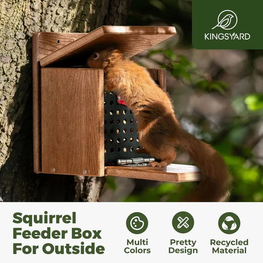 Squirrel Feeder Box for Outside, Recycled Plastic with Removable Metal Front Panel Perch, Easy to Fill