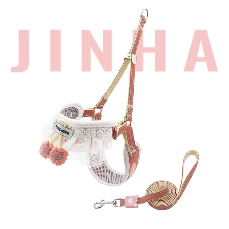 Dog Leash Cherry Double Chest Back Harness for Small Dog, Leash Collar