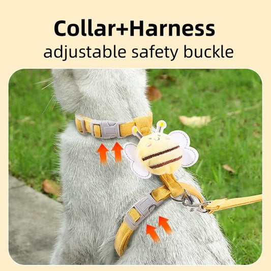 Cat Harness Leash Collar Set | Adjustable Cartoon Bee Double Layer Dog Harness for Small Medium Cat Leash Outdoor Walking