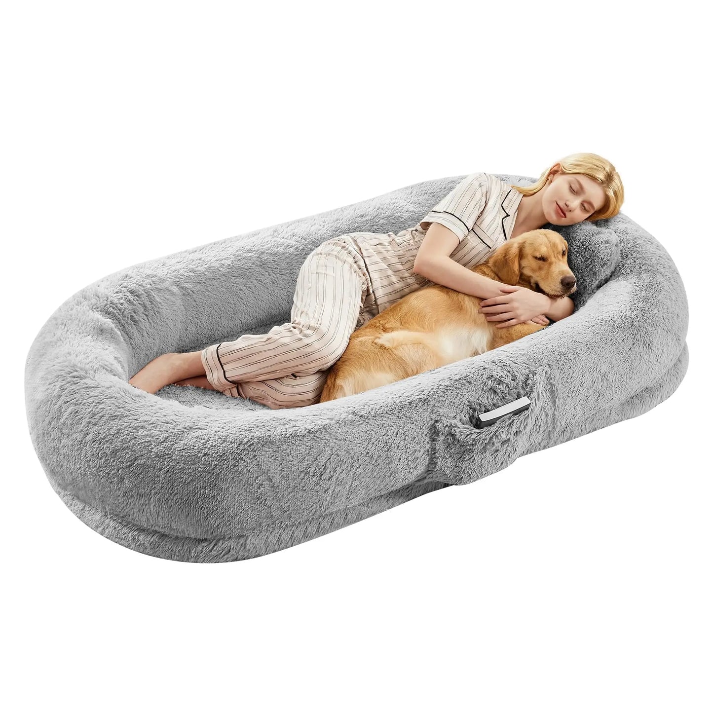Oversized Human Dog Bed Orthopedic Faux Fur With Pillow Side Pocket Waterproof Lining & Anti-slip Bottom