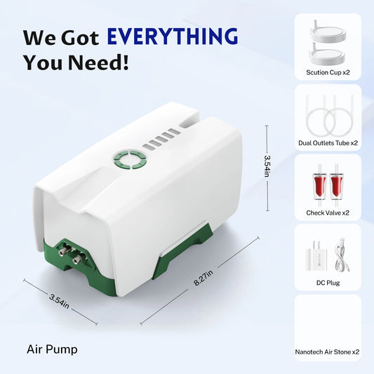 Rechargeable Low Noise  Aquarium Air Pump | Fault Induction Aerator, Fish Tank Bait, 2 Outlet Bubblers for Outdoor Fish Tank