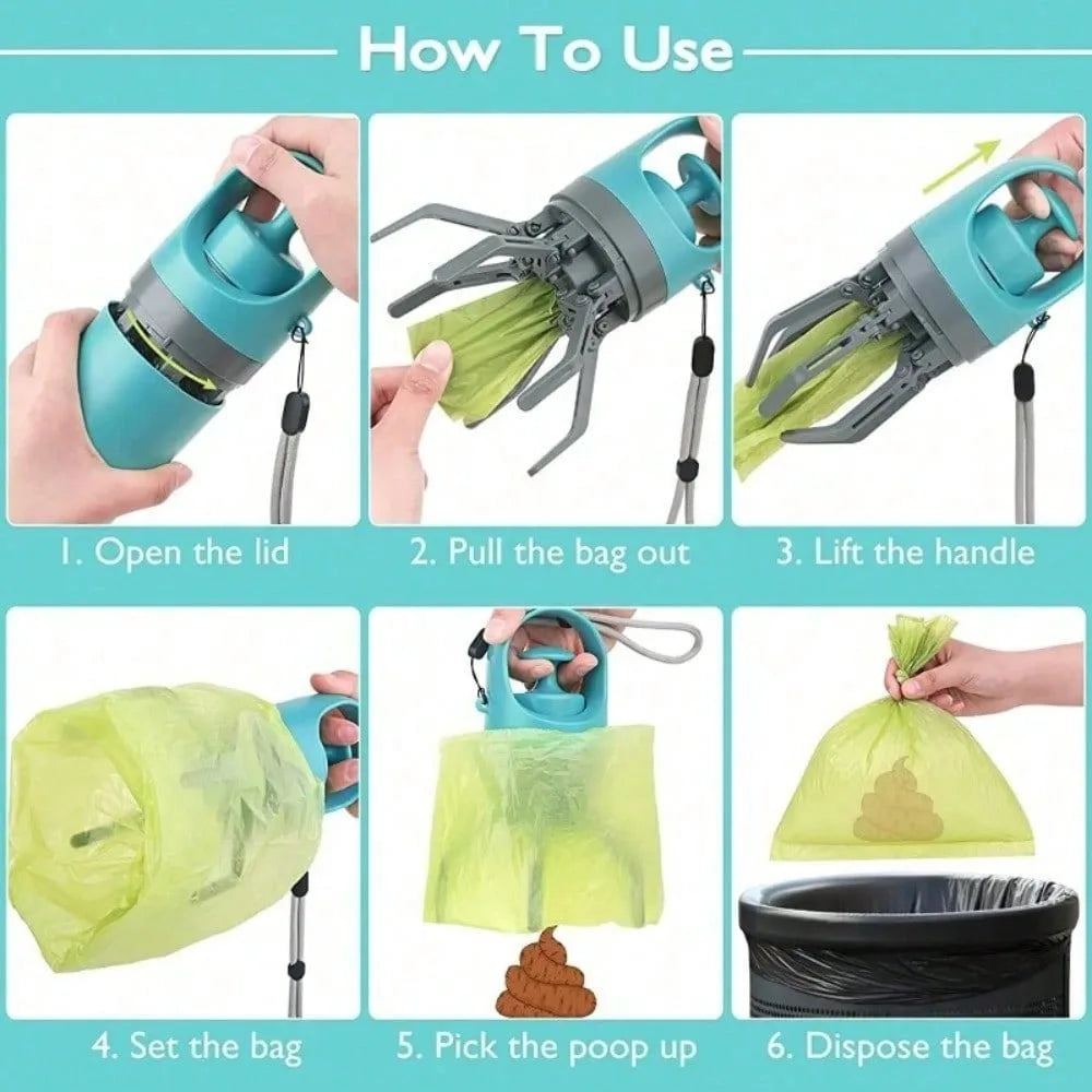 Portable Dog Poop Scooper No Touch Claw Pickup Tool with Waste Bag Holder Easy One Hand Outdoor Pet Cleanup