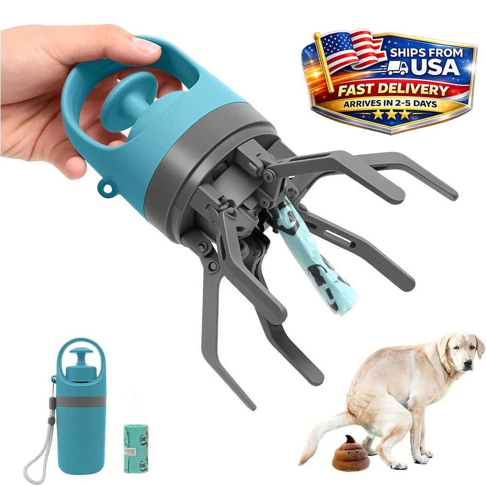 Portable Dog Poop Scooper No Touch Claw Pickup Tool with Waste Bag Holder Easy One Hand Outdoor Pet Cleanup
