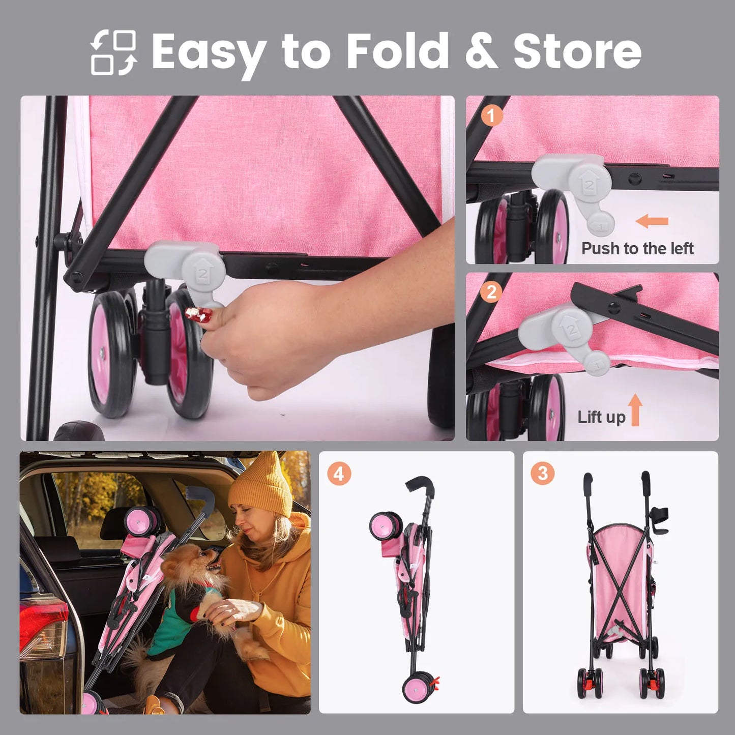 4 Wheels Stroller Rotate with Brakes for Dogs/Cats Travel