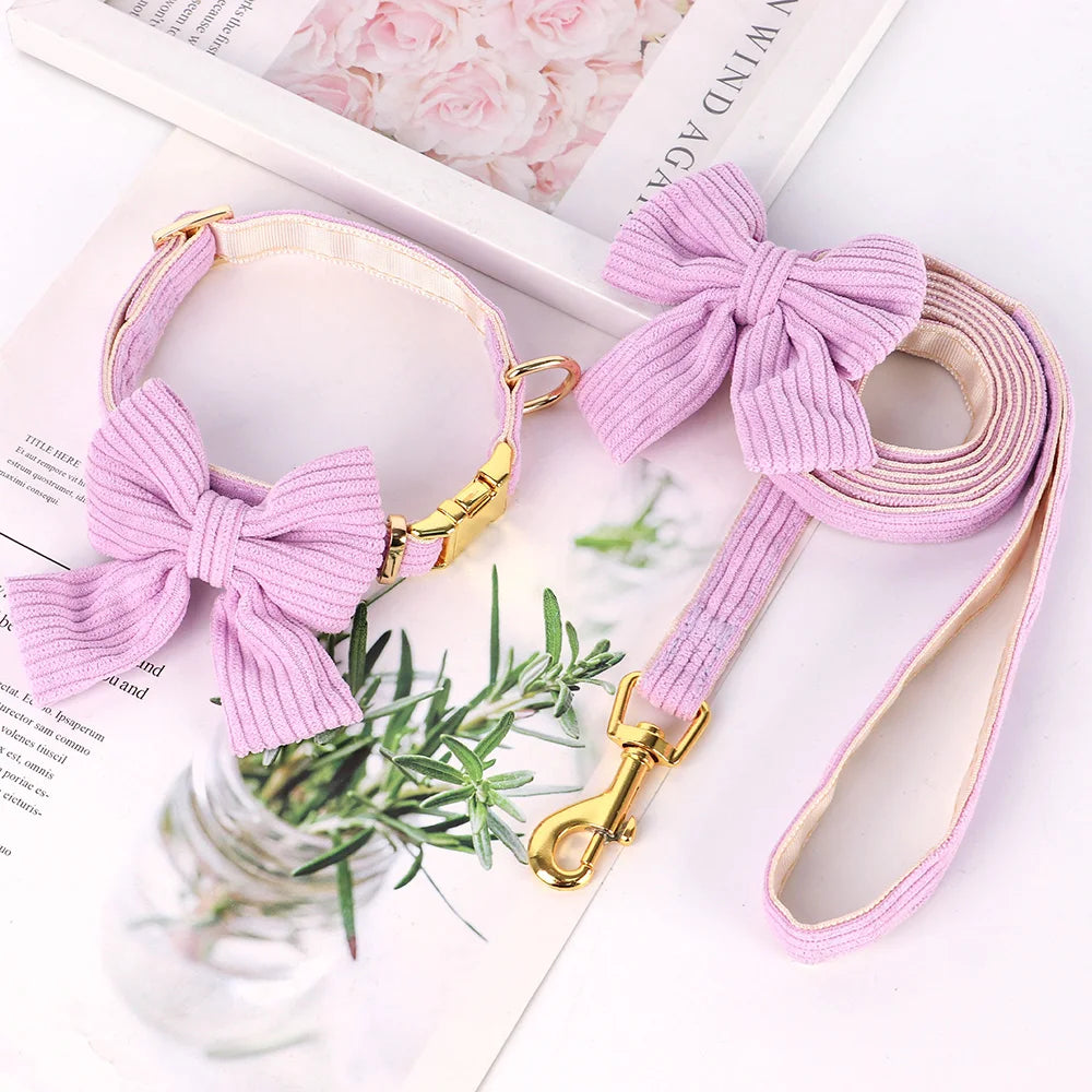 Dog Collar Leash Set Cute Bowknot |  Soft Velvet Pet Necklace Leashes  For Small Medium Dogs