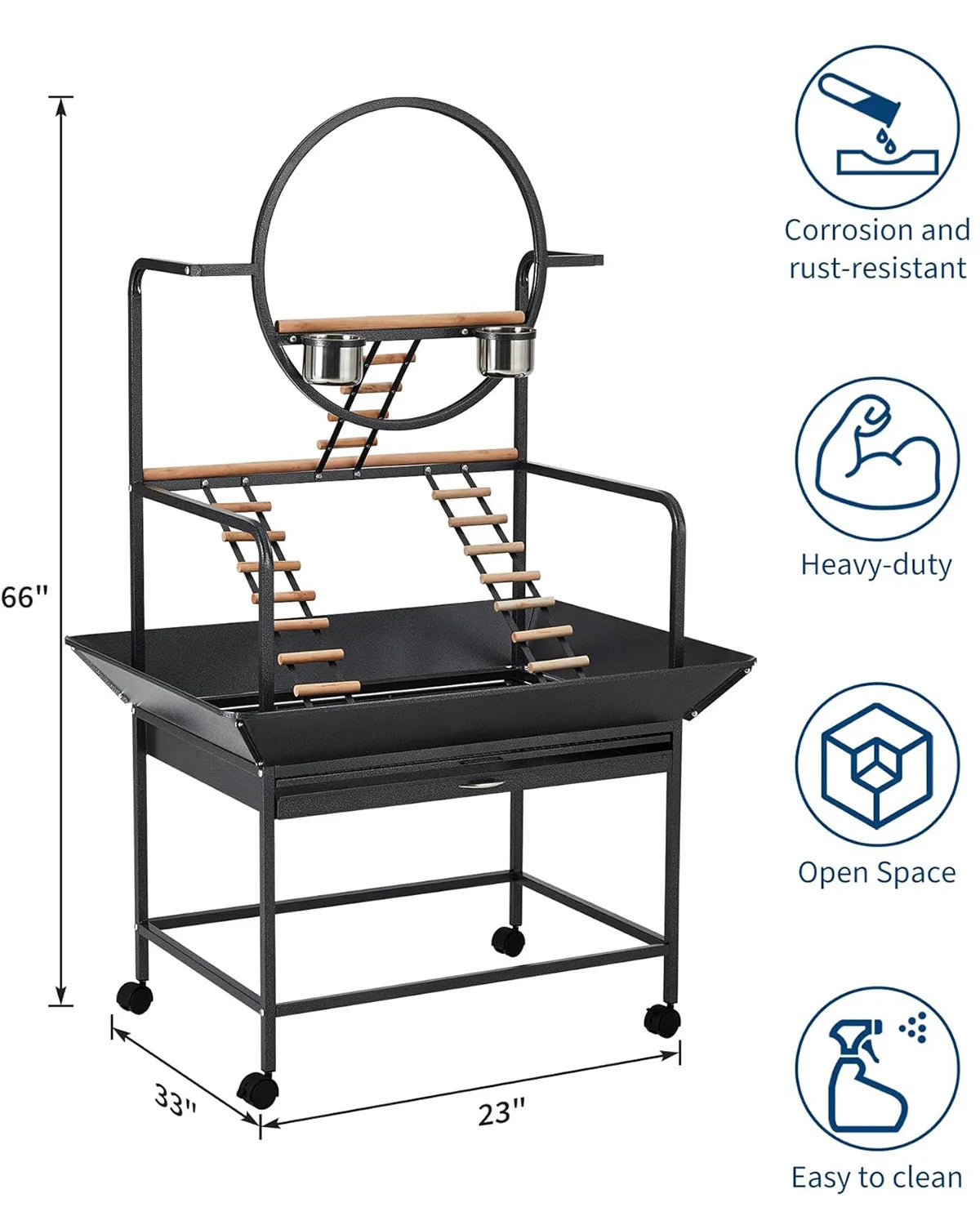 66" Extra Tall Bird Play Stand With Lockable Wheels, Heavy-Duty Metal Activity Center For Parrots/Conures/Cockatiels