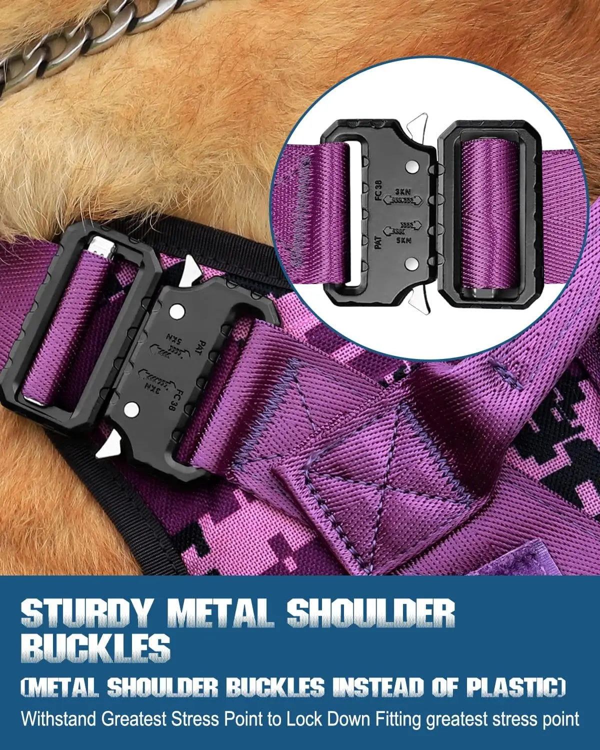 Tactical Dog Harness for Large Breeds, Service Dog Vest with MOLLE Panels and Handle for Walking Hiking Training - Purple Camo