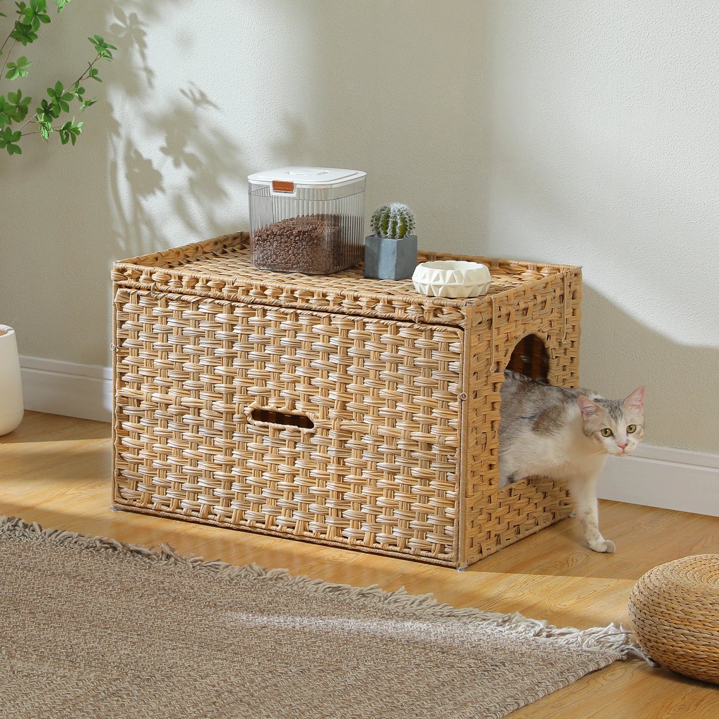 Rattan Cat Litter Box Enclosure with Taller Doorway and Flip-Up Design | More Space Raised Edge Mat | Cat House Cabinet Furniture