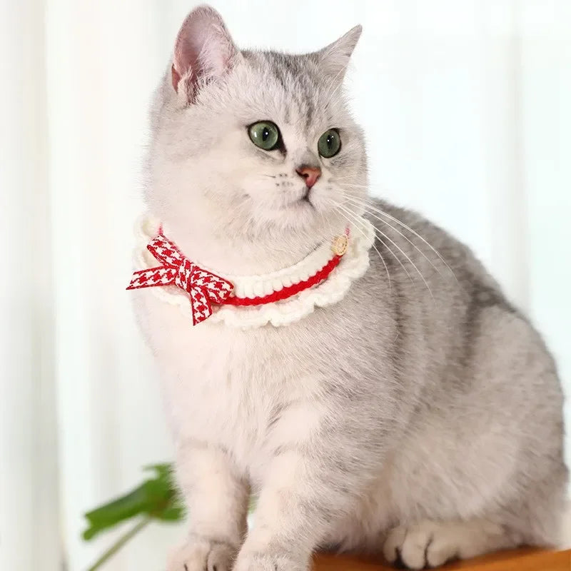 Cute Bow-knot Hand-knitted Saliva Towel  |  Adjustable Collar Decorative for  Dogs/ Cat  Pet  Accessories