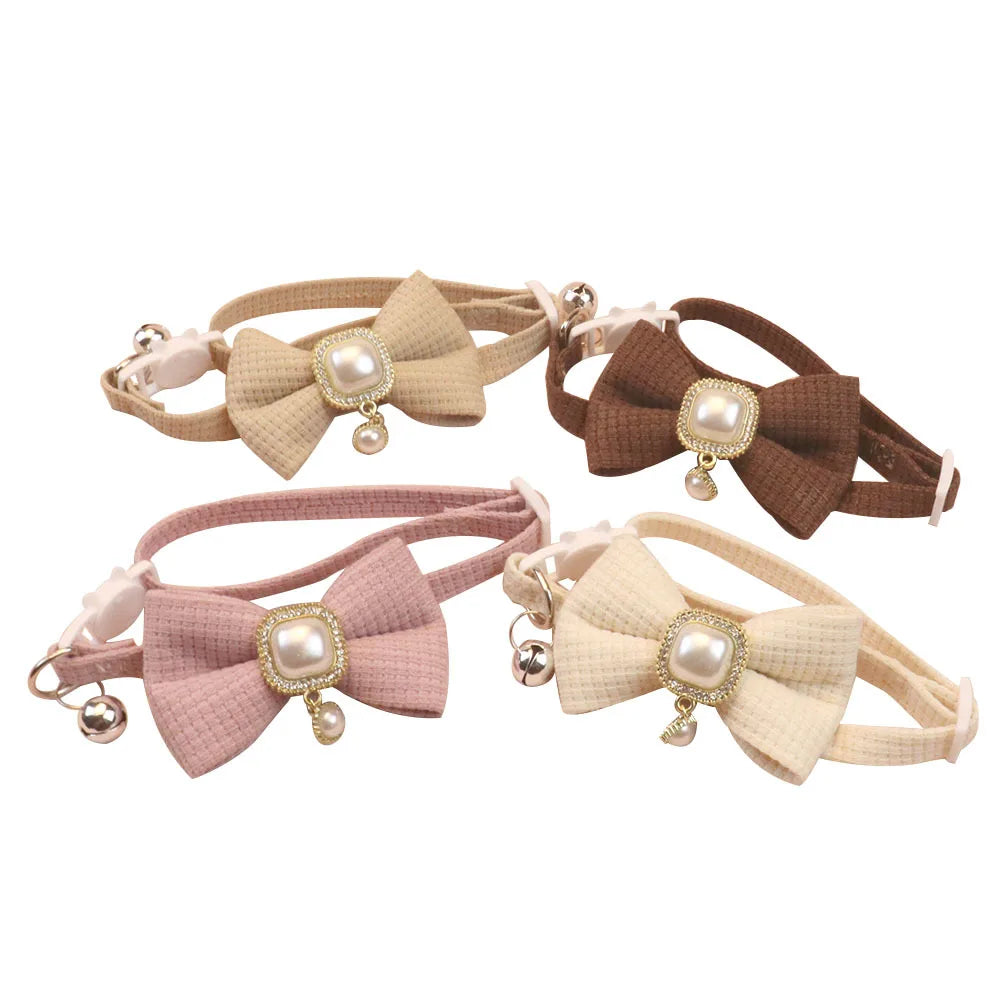 New Waffle Pet, Collar Cute Bow, Bell Cat Collar Retro Pearl Pendant for Cats and Dogs
