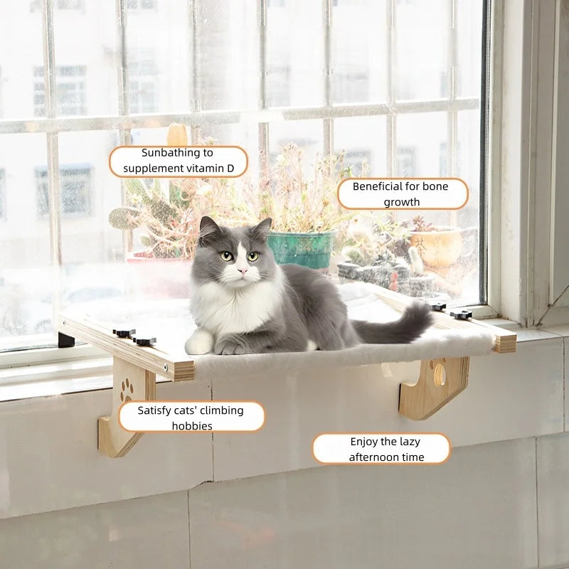 Cat window sill hammock, suitable for indoor cats, wooden and metal frame, easy to adjust window cat bed