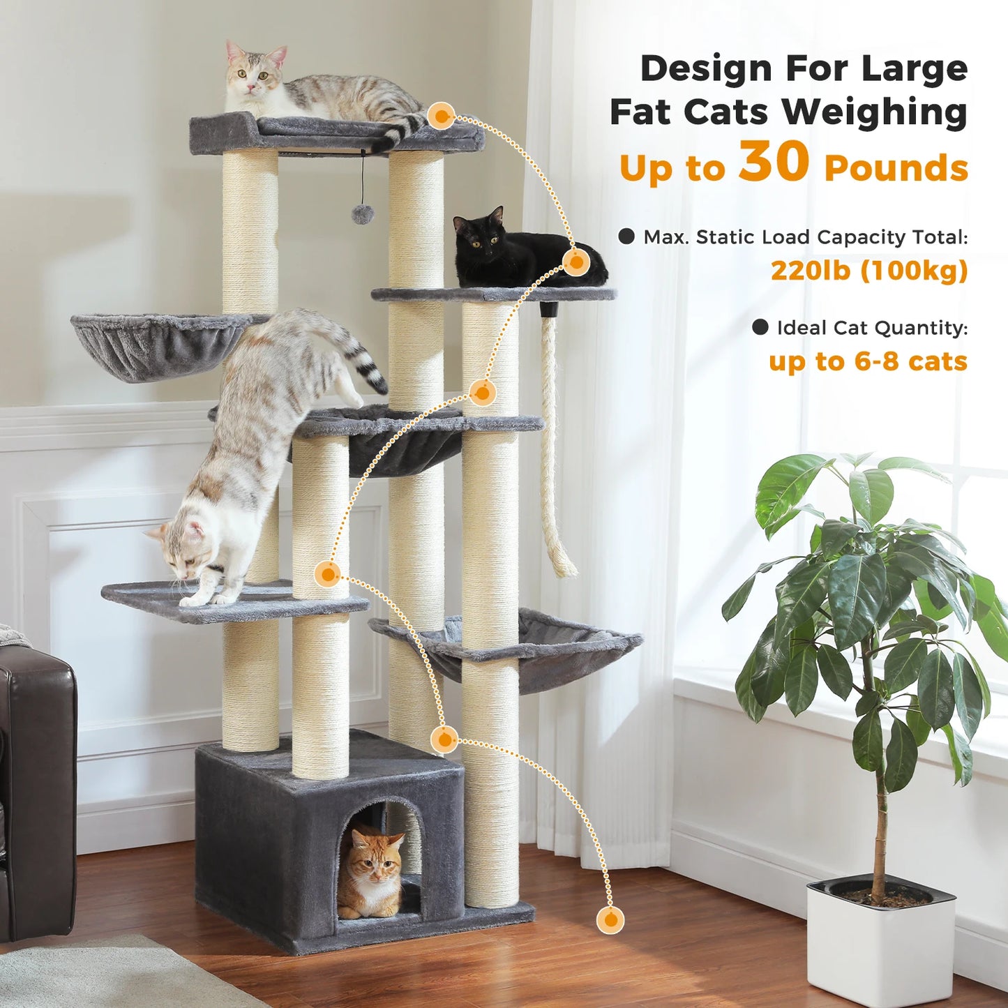 Large Tree Robust Cat Tower with Several Levels| Cat House Climbing Tree with Hammock 11 Sisal Posts  Perch