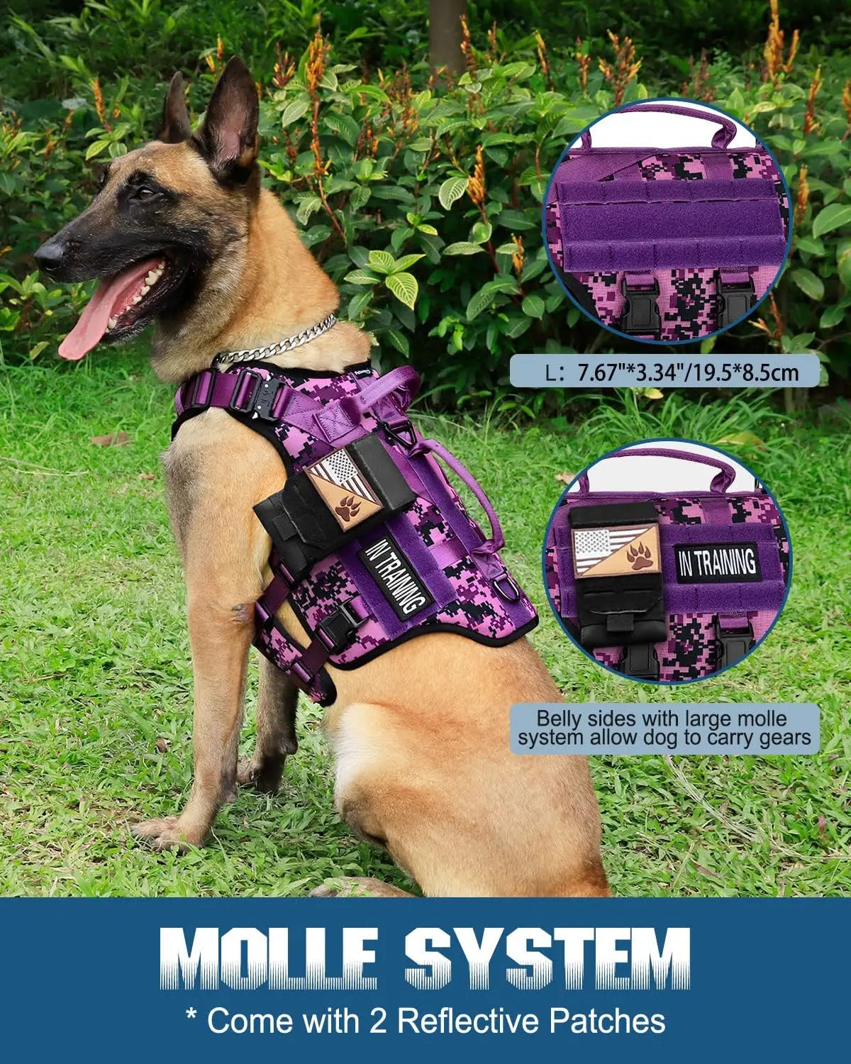Tactical Dog Harness for Large Breeds, Service Dog Vest with MOLLE Panels and Handle for Walking Hiking Training - Purple Camo