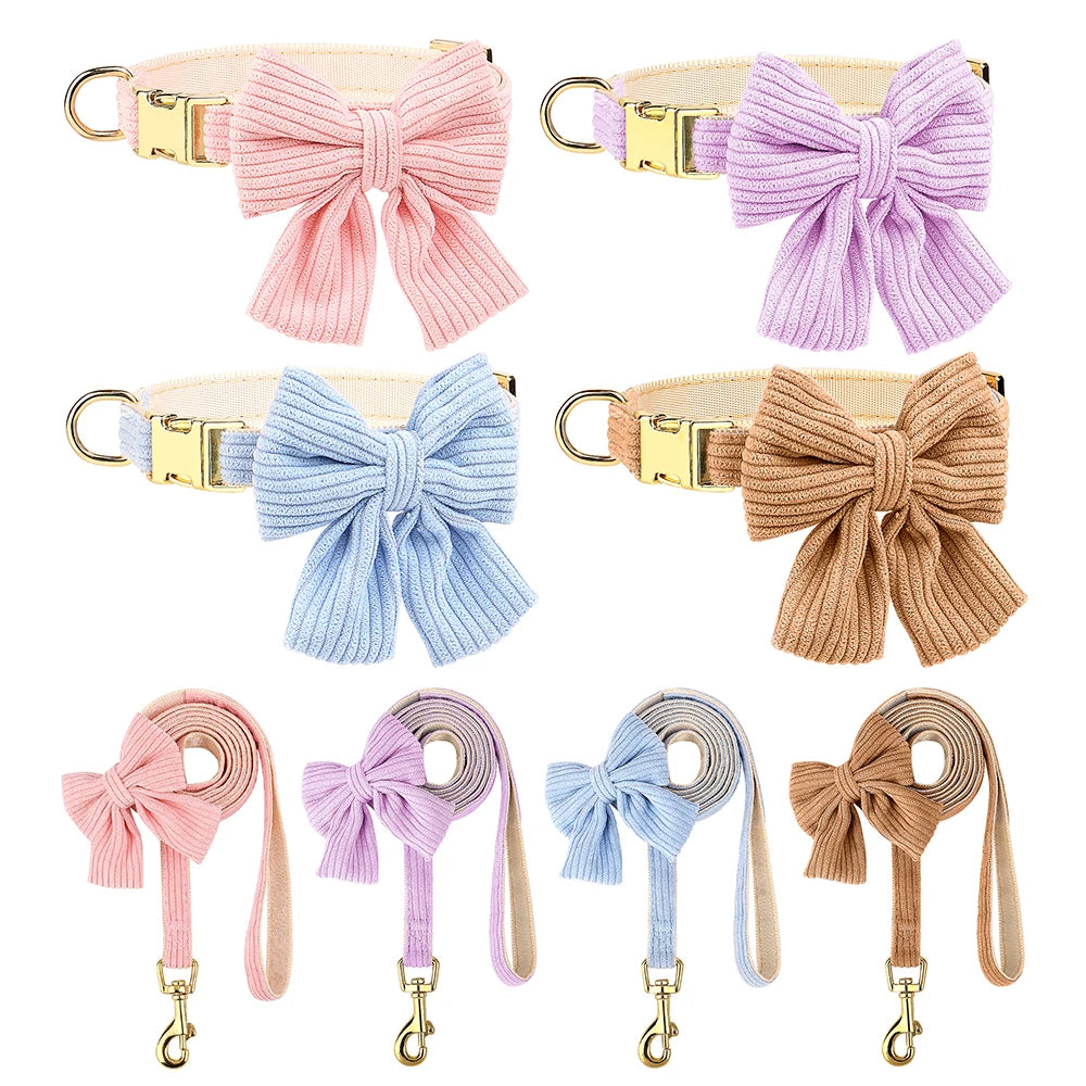 Dog Collar Leash Set Cute Bowknot |  Soft Velvet Pet Necklace Leashes  For Small Medium Dogs