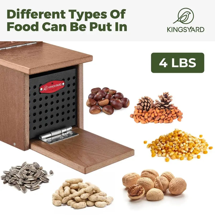Squirrel Feeder Box for Outside, Recycled Plastic  with Removable Metal Front Panel  Perch, Easy to Fill