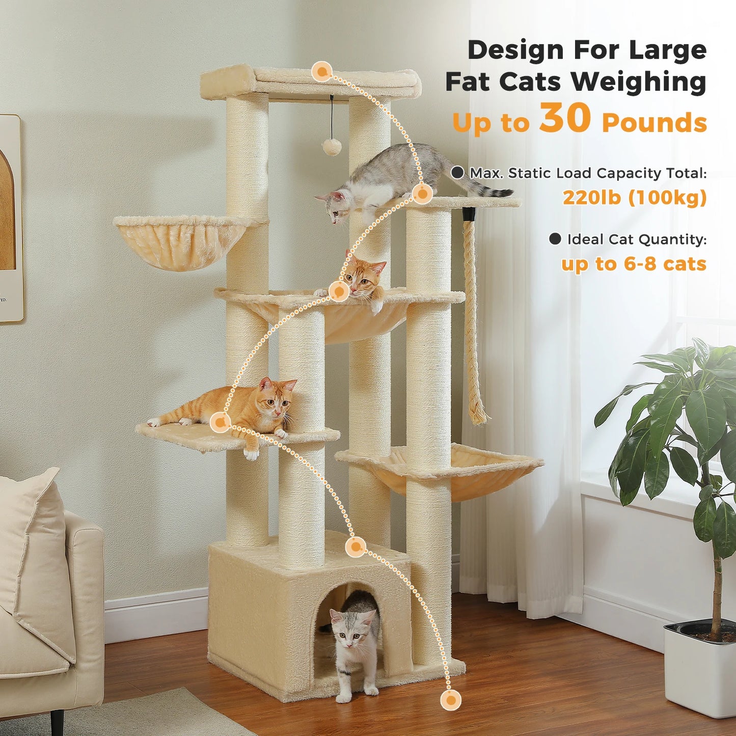 Large Tree Robust Cat Tower with Several Levels| Cat House Climbing Tree with Hammock 11 Sisal Posts  Perch