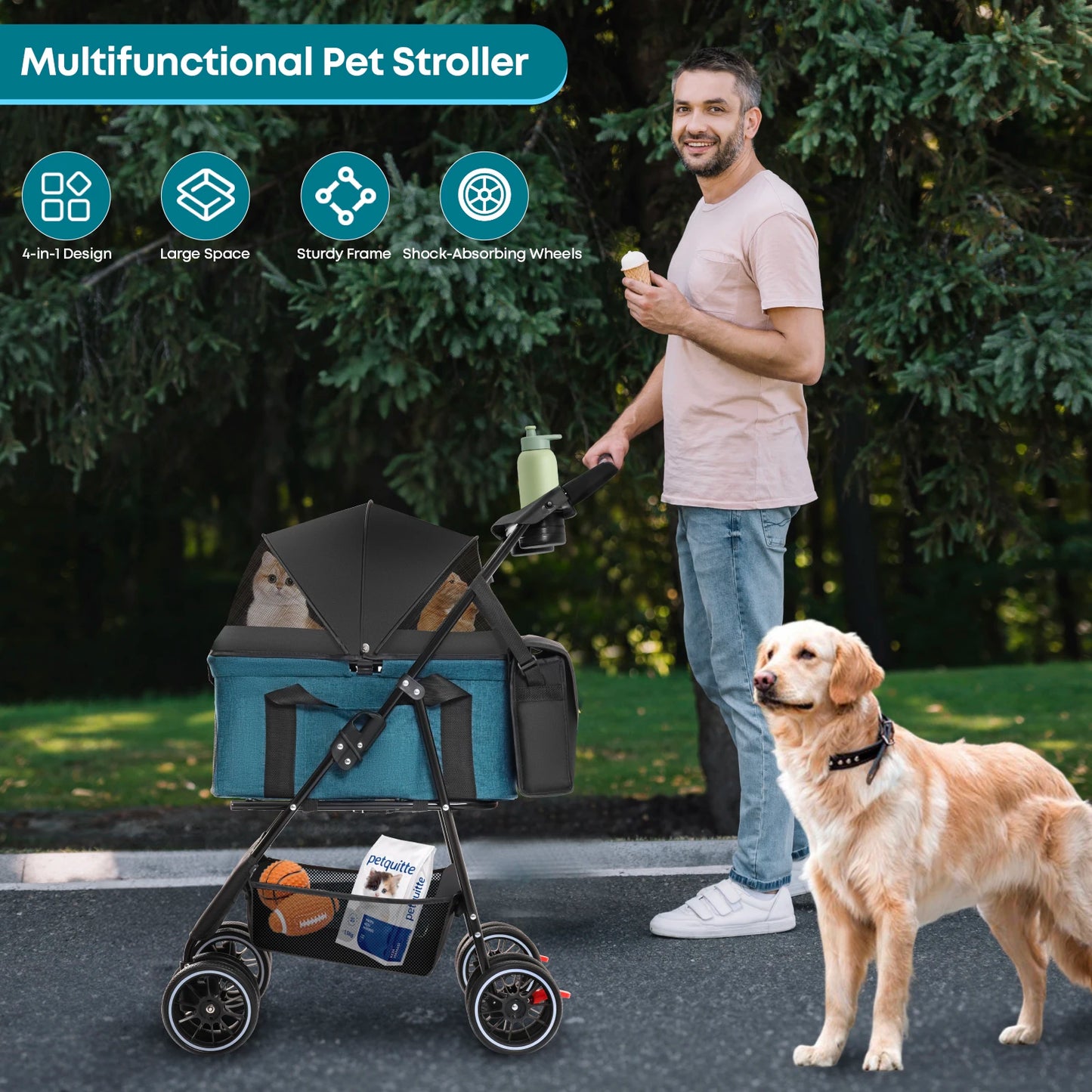 Pet Stroller with Canopy 4 Wheels | Strolling Cart for Small/Medium Dogs and Cats with Removable Carrier Breathable Mesh