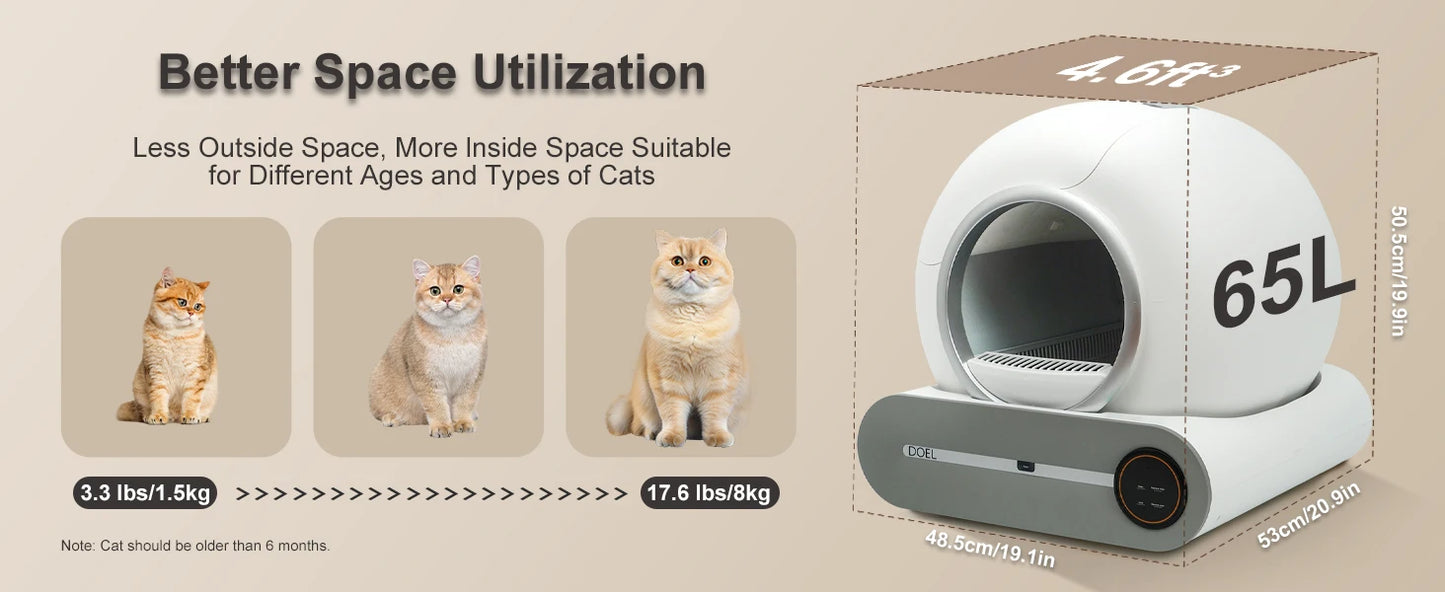 DOEL Self Cleaning Cat Litter Box 65L Automatic w/ Trash Bag & Litter Mat Smart Cat Toilet App Control 2.4G WiFi