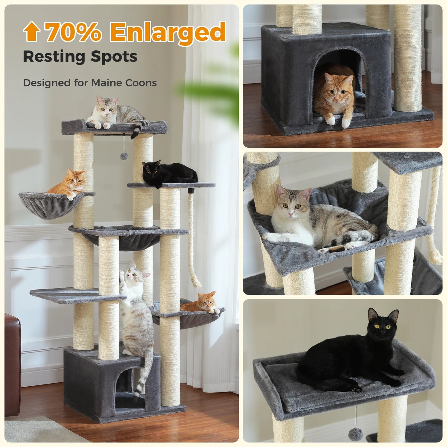 Large Tree Robust Cat Tower with Several Levels| Cat House Climbing Tree with Hammock 11 Sisal Posts  Perch