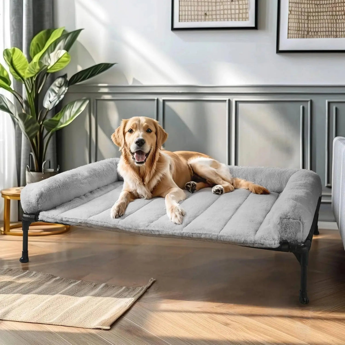 Elevated Orthopedic Dog Bed with Plush Bolster, Large Pet Sofa Cot, Removable Washable Mat, Non-Slip Feet, Grey