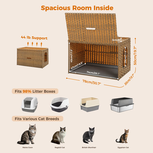 Rattan Cat Litter Box Enclosure with Taller Doorway and Flip-Up Design | More Space Raised Edge Mat | Cat House Cabinet Furniture