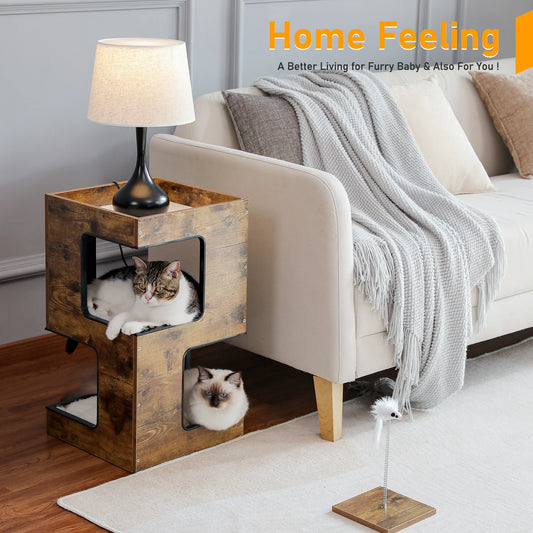 Wood Cat Condo House Bed with Removable Soft Mats | Modern Cat Tree Tower with Scratching Pad Cat | Scratcher Furniture Kitten Toys
