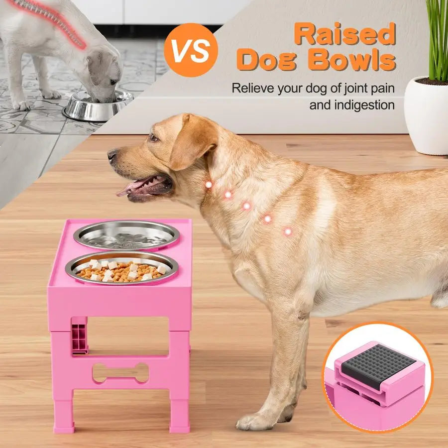Dog Bowls with Mat, Raised Dog Bowl Stand with 2 Stainless Steel Bowls, 5 Height Adjustable 3.1, 9, 10, 11, 12 Nonslip Feed