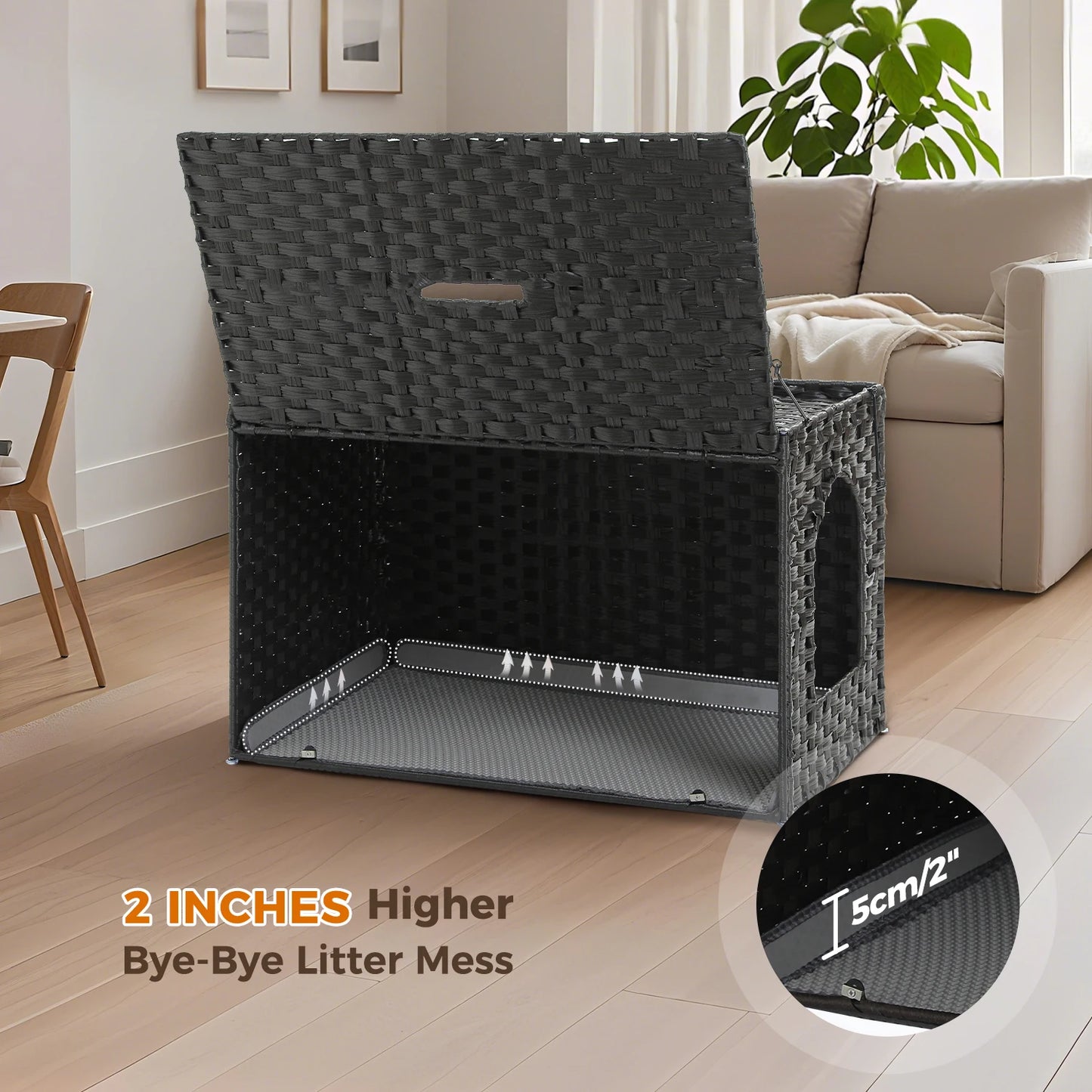 Rattan Cat Litter Box Enclosure with Taller Doorway and Flip-Up Design | More Space Raised Edge Mat | Cat House Cabinet Furniture