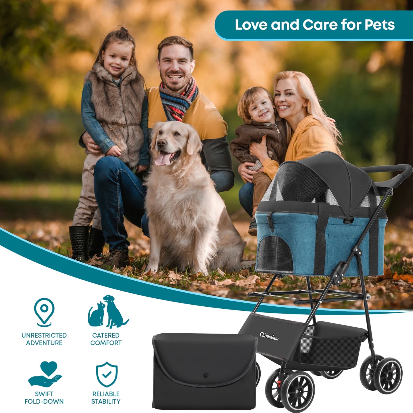 Pet Stroller with Canopy 4 Wheels | Strolling Cart for Small/Medium Dogs and Cats with Removable Carrier Breathable Mesh