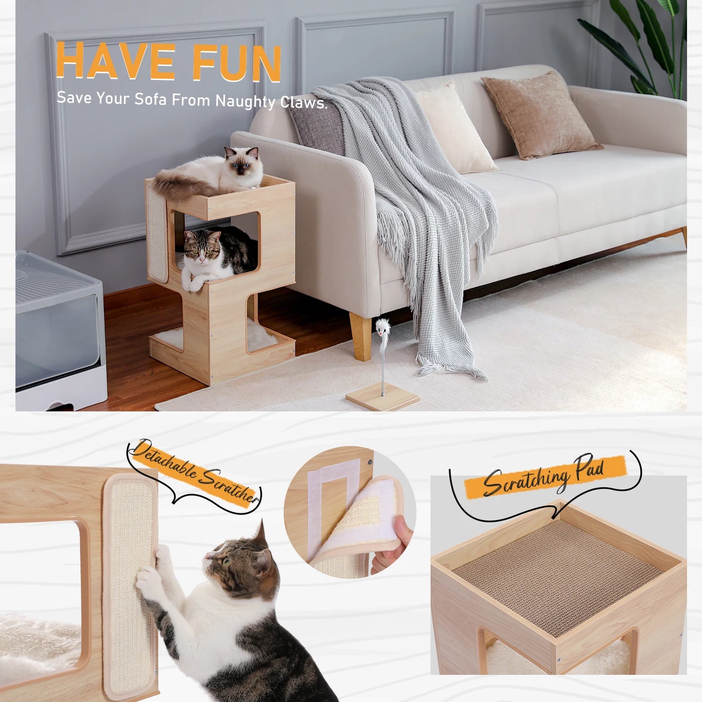Wood Cat Condo House Bed with Removable Soft Mats | Modern Cat Tree Tower with Scratching Pad Cat | Scratcher Furniture Kitten Toys