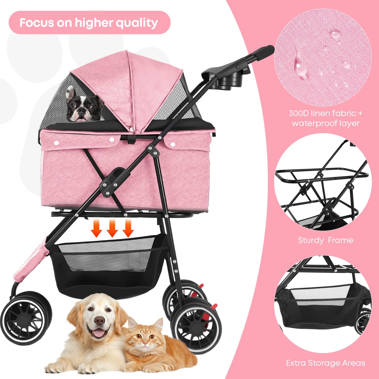 Pet Stroller For Small Puppy Dogs & Cats Travel Portable, Foldable Carrier