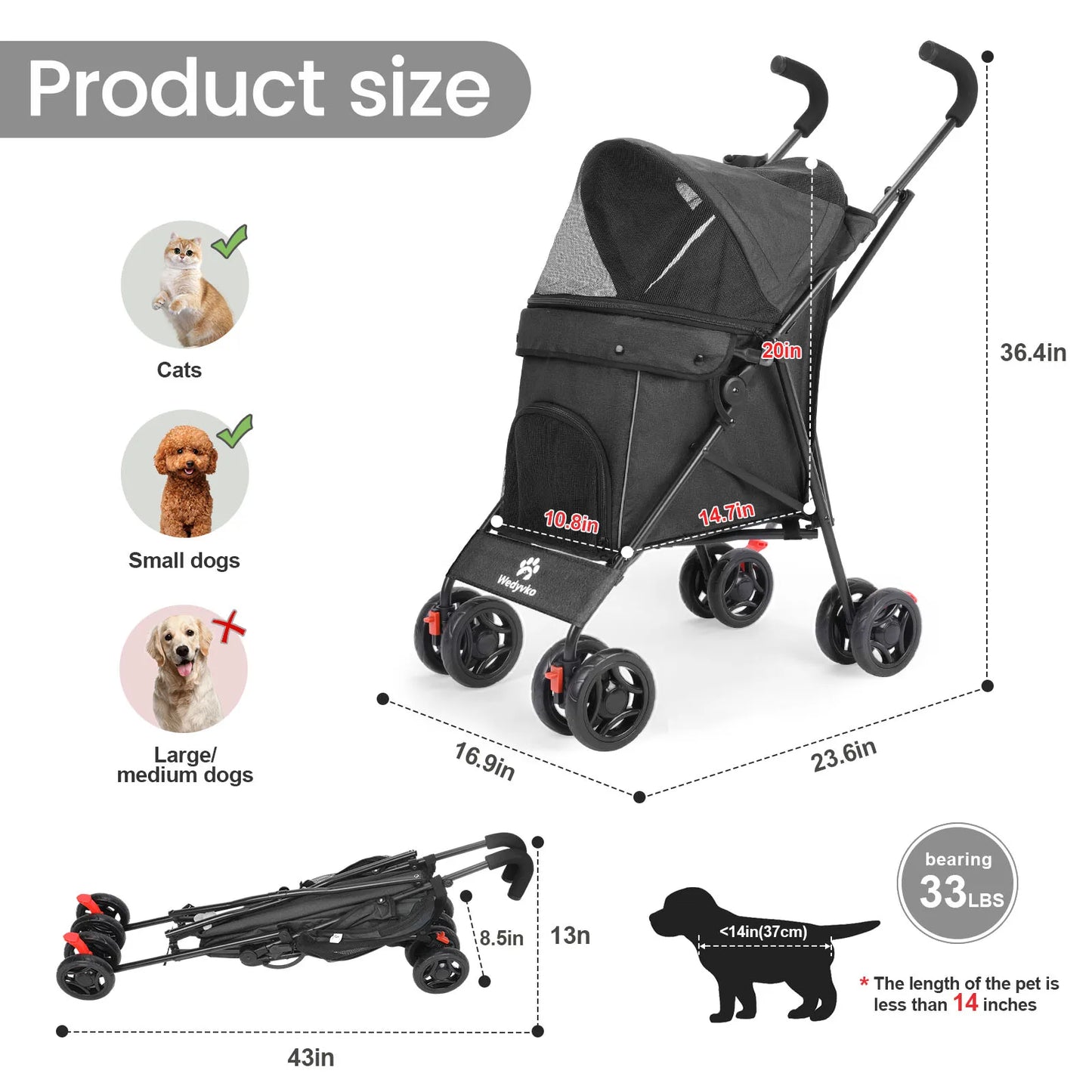 4 Wheels Stroller Rotate with Brakes for Dogs/Cats Travel