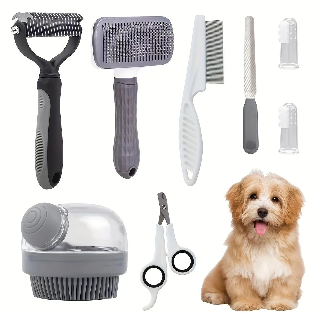 8pcs/set Dog Grooming Kit, Grooming Set with Nail Clippers And File, Flea Comb, Shampoo Bath Brush, Hair Brush