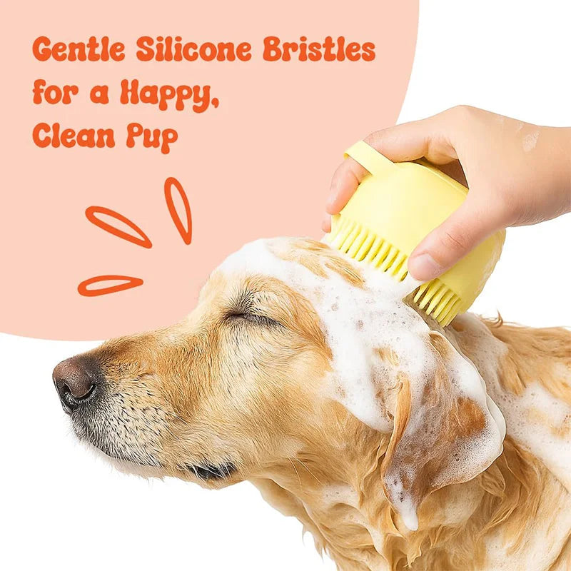 Pet Bathing Brush with Built-in Soap Dispenser, Soft Silicone Bristles for Dog & Cat Grooming