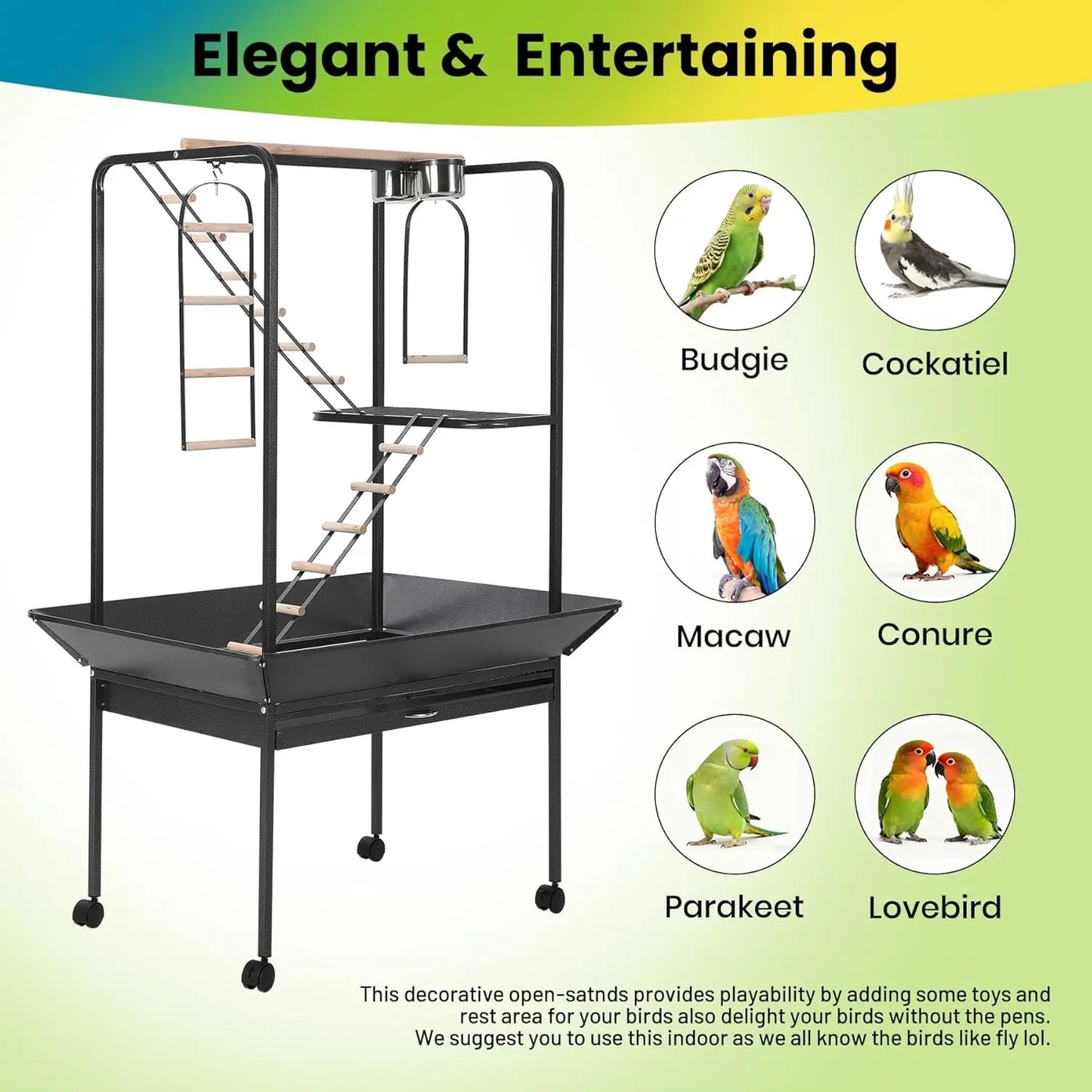 64" Bird Playstand with Wheels, Indoor Outdoor Parrot Activity Center With Perches, Ladders, Storage Shelf & Toy Hooks