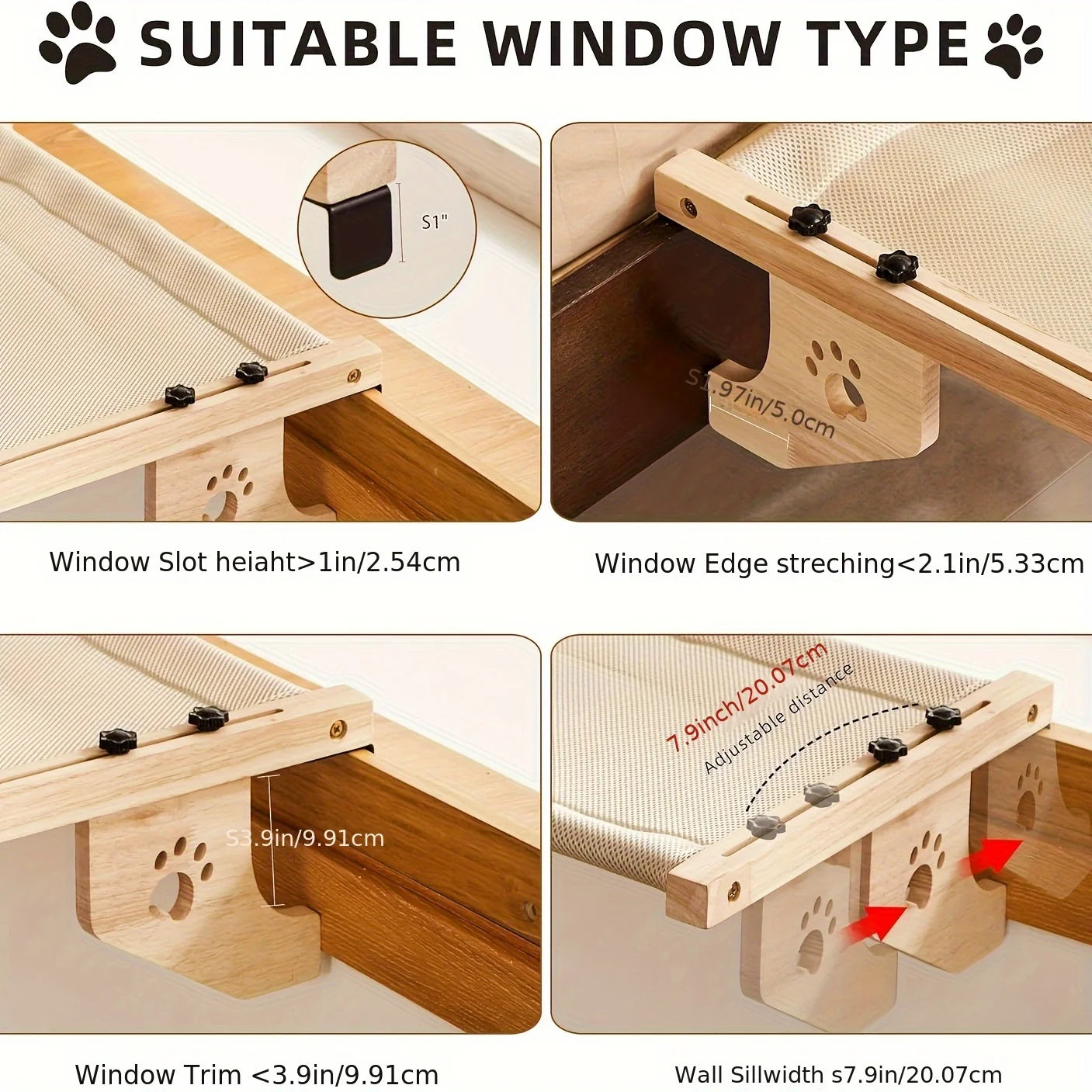 Cat window sill hammock, suitable for indoor cats, wooden and metal frame, easy to adjust window cat bed