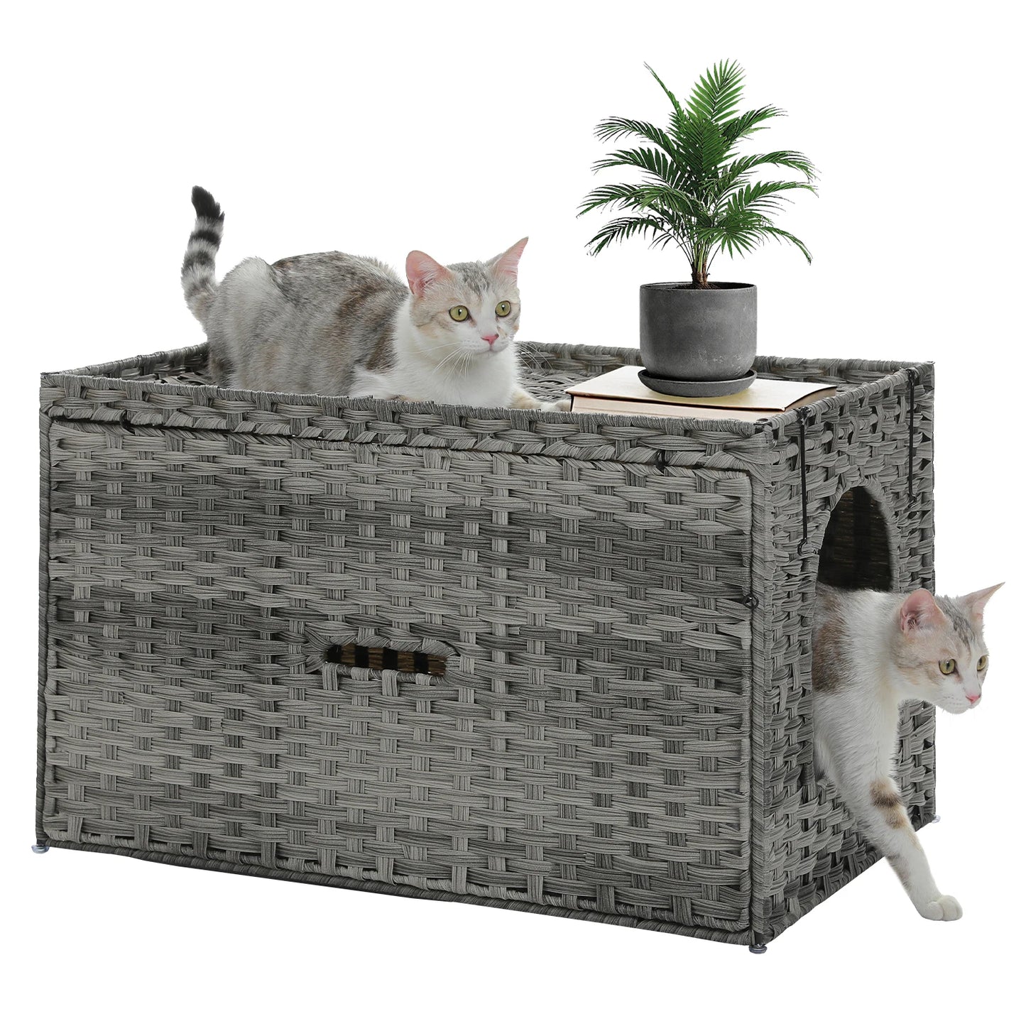 Rattan Cat Litter Box Enclosure with Taller Doorway and Flip-Up Design | More Space Raised Edge Mat | Cat House Cabinet Furniture