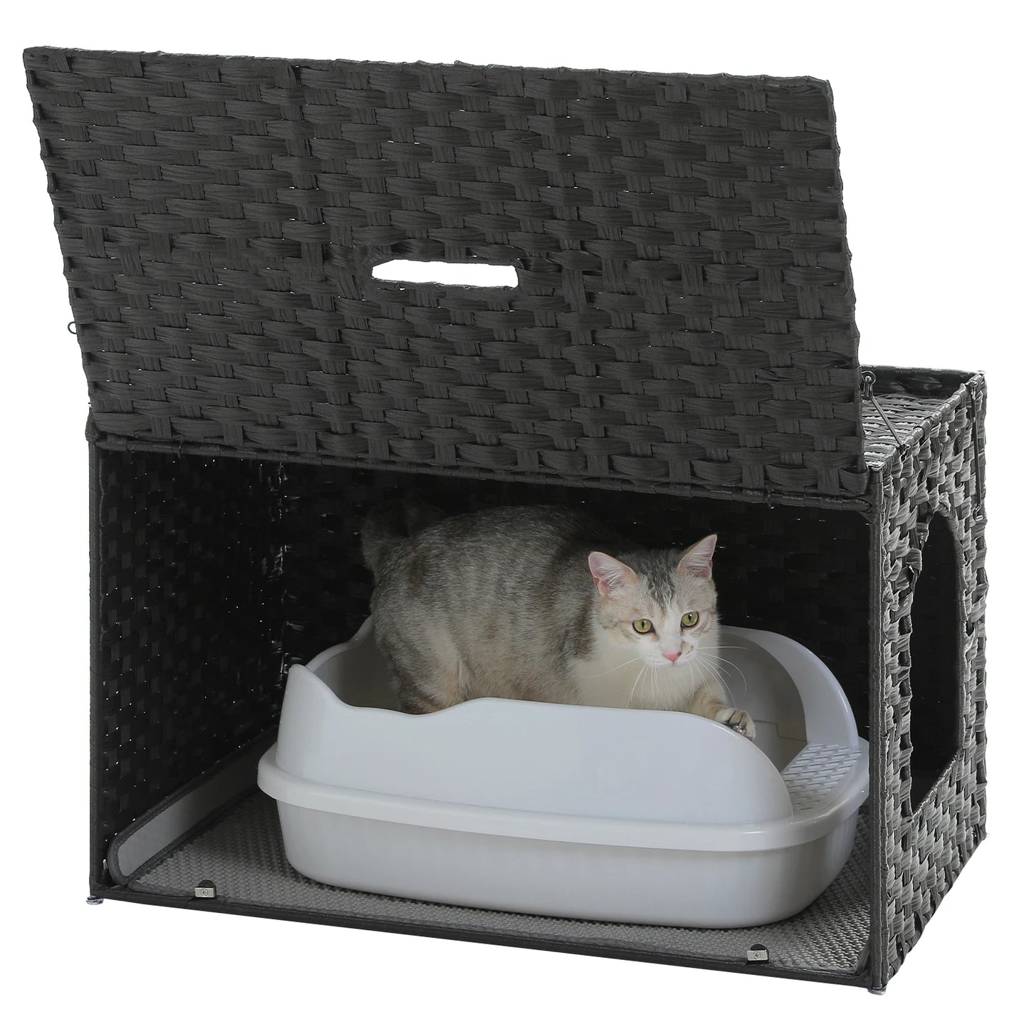 Rattan Cat Litter Box Enclosure with Taller Doorway and Flip-Up Design | More Space Raised Edge Mat | Cat House Cabinet Furniture