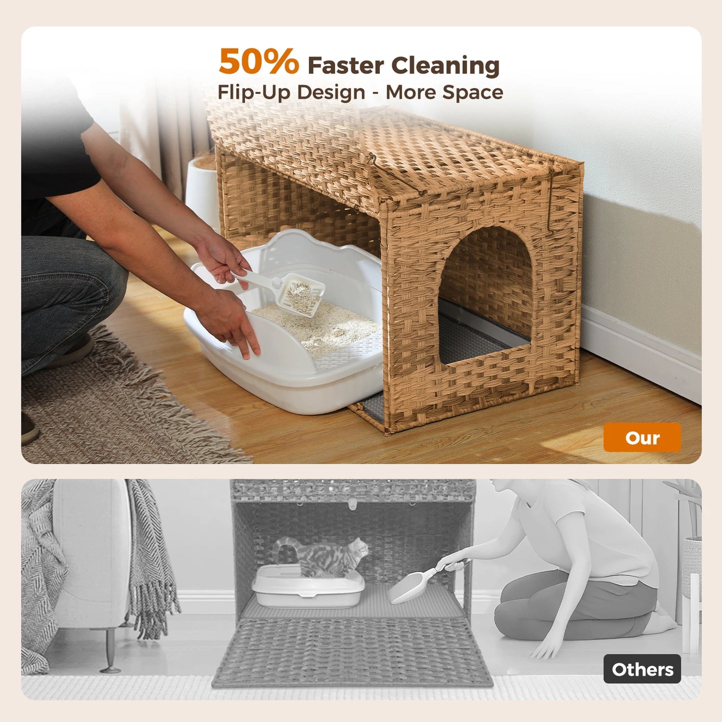 Rattan Cat Litter Box Enclosure with Taller Doorway and Flip-Up Design | More Space Raised Edge Mat | Cat House Cabinet Furniture