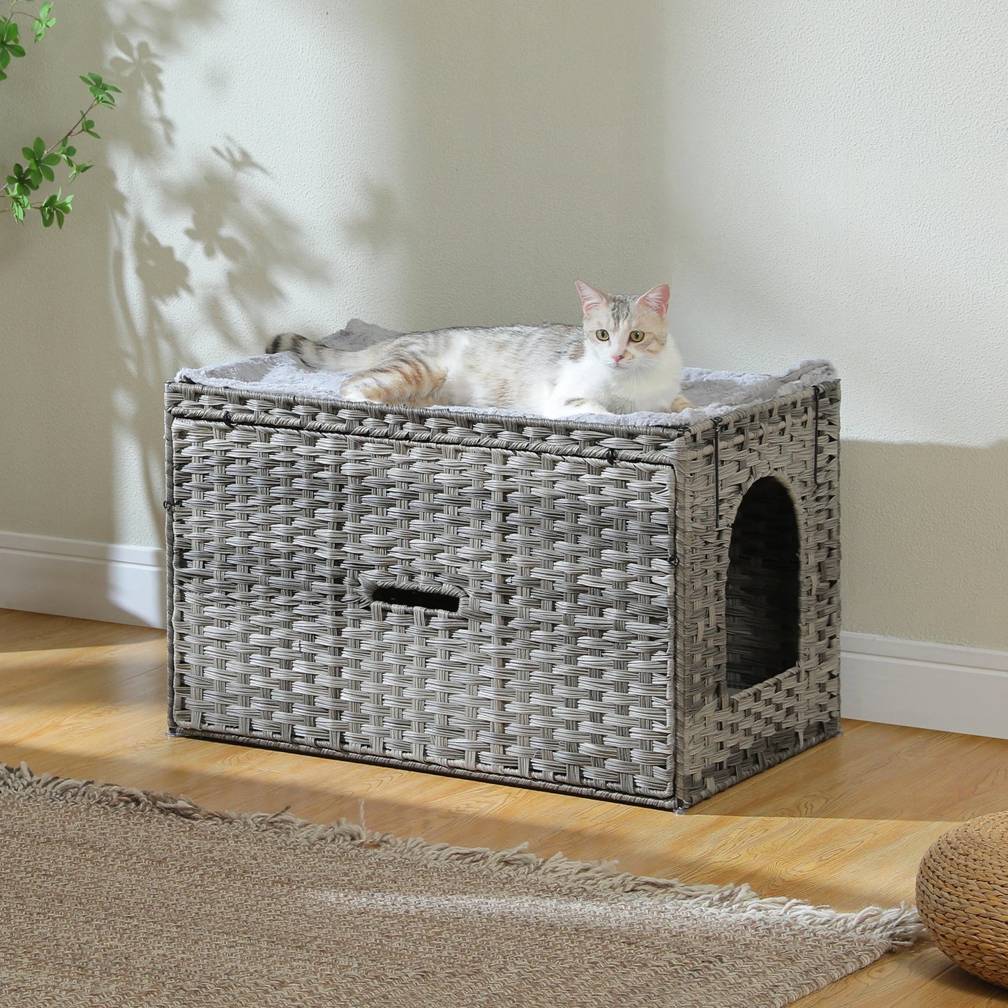 Rattan Cat Litter Box Enclosure with Taller Doorway and Flip-Up Design | More Space Raised Edge Mat | Cat House Cabinet Furniture