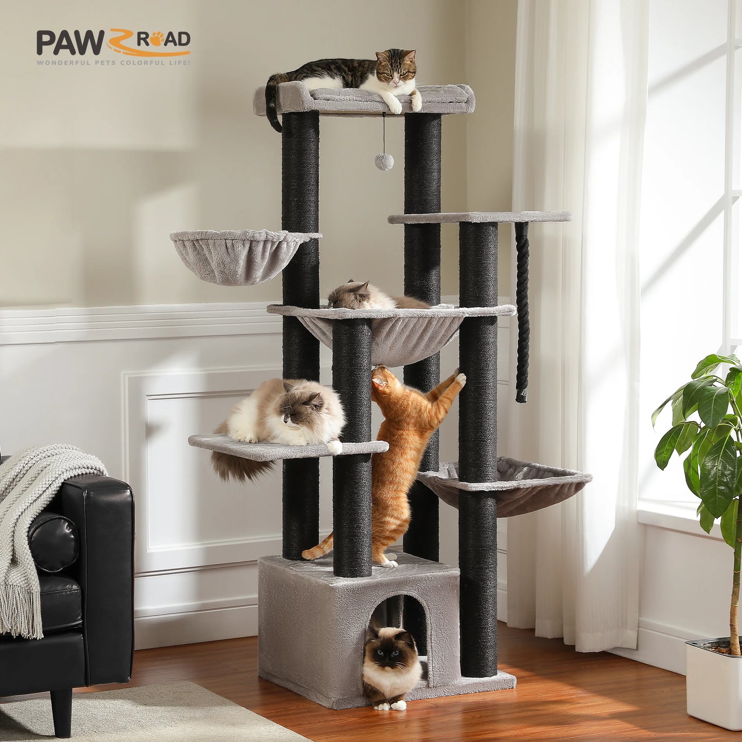 Large Tree Robust Cat Tower with Several Levels| Cat House Climbing Tree with Hammock 11 Sisal Posts  Perch
